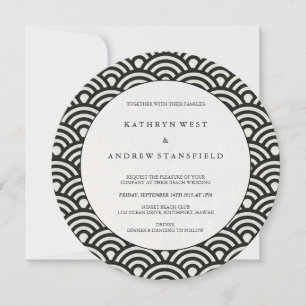Round Black + White Japanese Waves Wedding Invitation