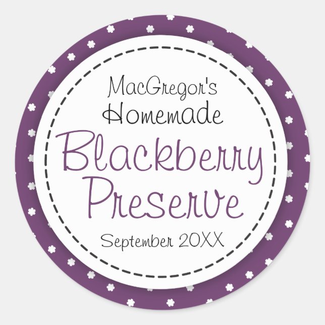 Round blackberry preserve or jam jar food label (Front)