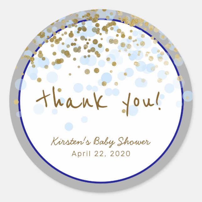 Round Blue and Gold Baby Shower Thank You Stickers (Front)