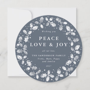 Round Blue-Grey Holly Wreath Peace Love + Joy Holiday Card
