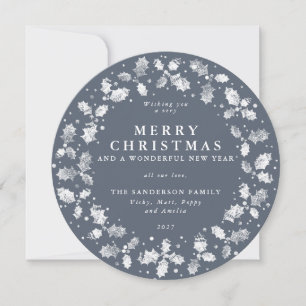 Round Blue-Grey Merry Christmas Holly Wreath Holiday Card