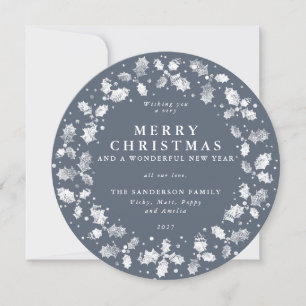 Round Blue-Grey Merry Christmas Holly Wreath Holiday Card