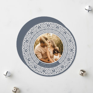 Round Blue + Off White Celtic Holiday Photo Card