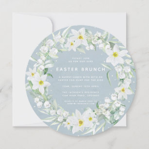 Round Blue + White Floral Wreath Easter Brunch Invitation