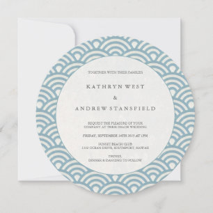 Round Blue + White Wave Pattern Wedding Invitation