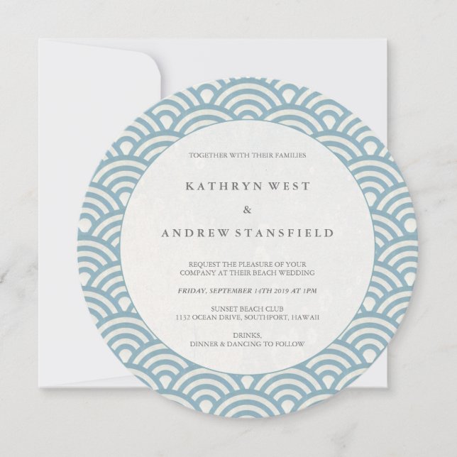 Round Blue + White Wave Pattern Wedding Invitation (Front)