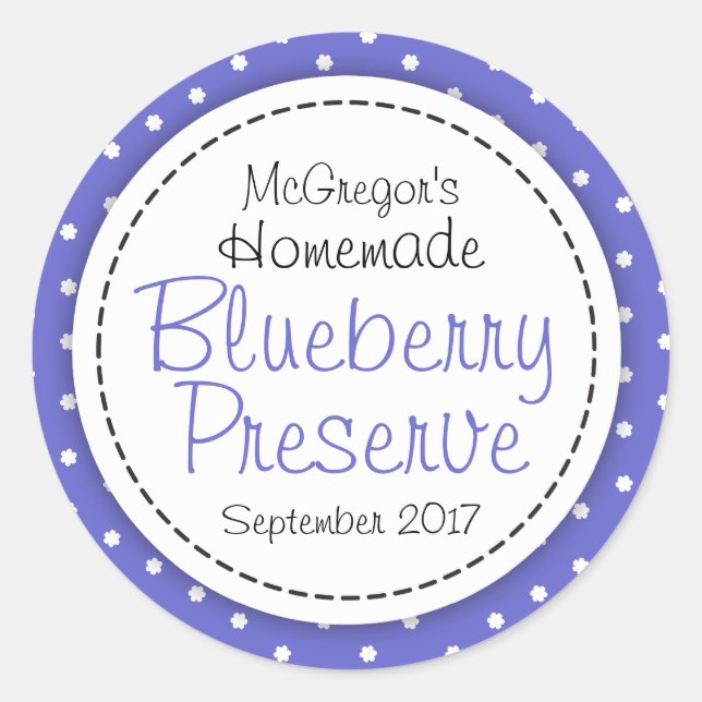 Round blueberry preserve or jam jar food label (Front)