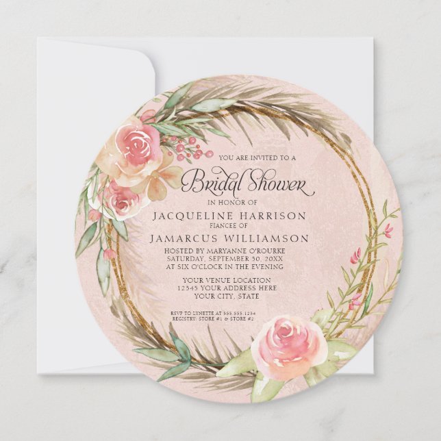 Round BOHO Floral Pampas Pink Watercolor Wreath Invitation (Front)