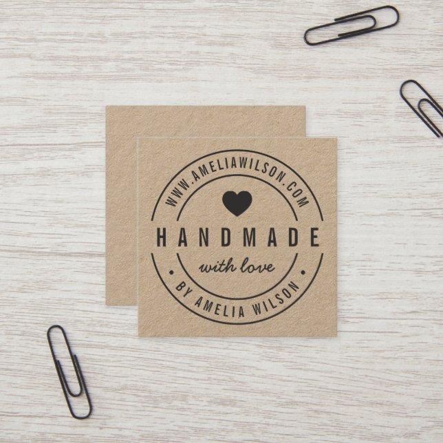 Round Border Bold Handmade With Love Heart Square Business Card (Front/Back In Situ)