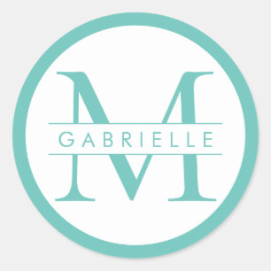 Round Border Monogram Favour Label - Turquoise