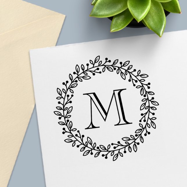 Round Botanical Berry Wreath Monogram Initial Self-inking Stamp (Creator Uploaded)