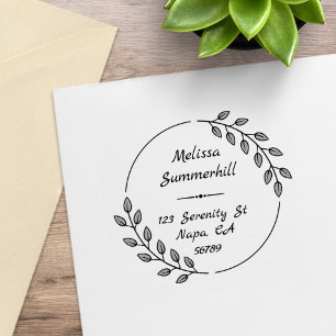 Round Botanical Leaves Wreath Address Rubber Stamp