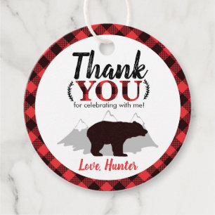 Round Buffalo Plaid Bear Lumberjack Birthday Favour Tags
