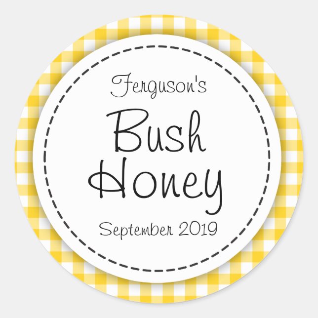 Round Bush honey yellow jam jar top food label (Front)