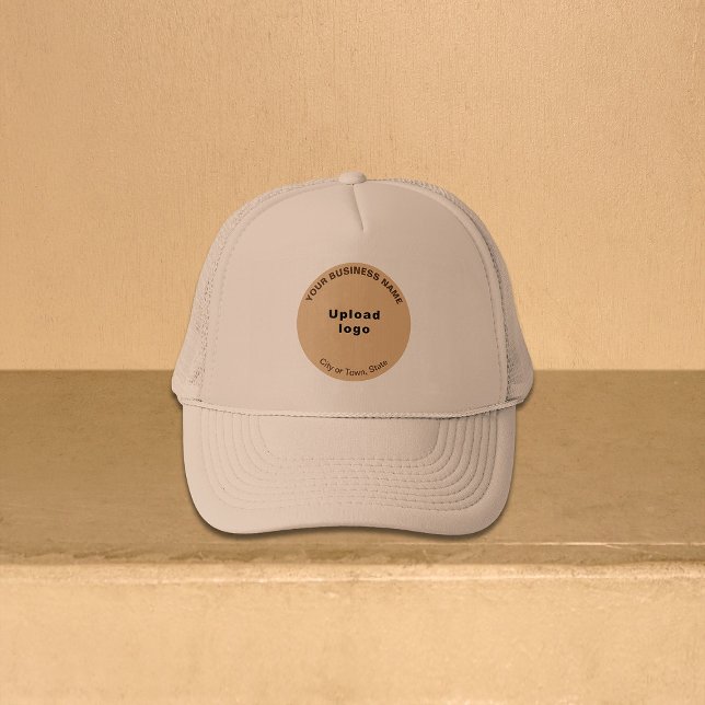 Round Business Brand on Khaki Trucker Hat (Round business brand on khaki trucker hat)