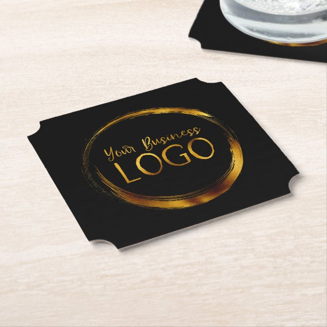 Round Business Logo on Black Promo Paper Coaster (Angled)