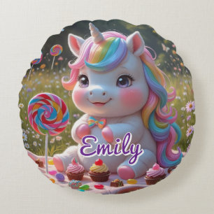 Round Candy Unicorn Pillow – Editable Name