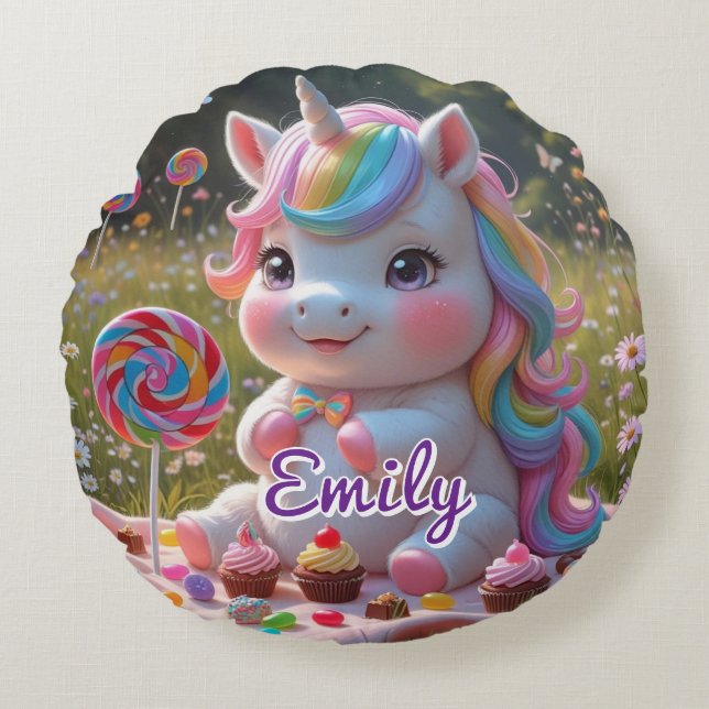 Round Candy Unicorn Pillow – Editable Name (Front)