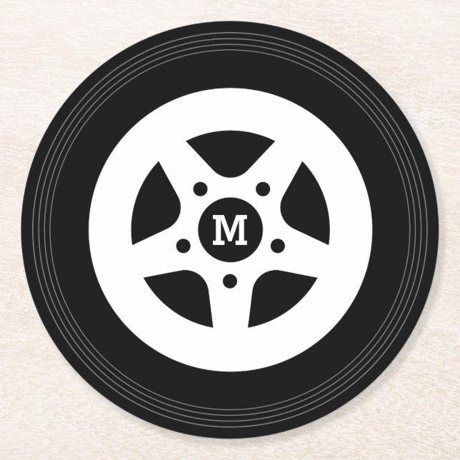 Round car wheel tire and rim novelty coaster set (Front)