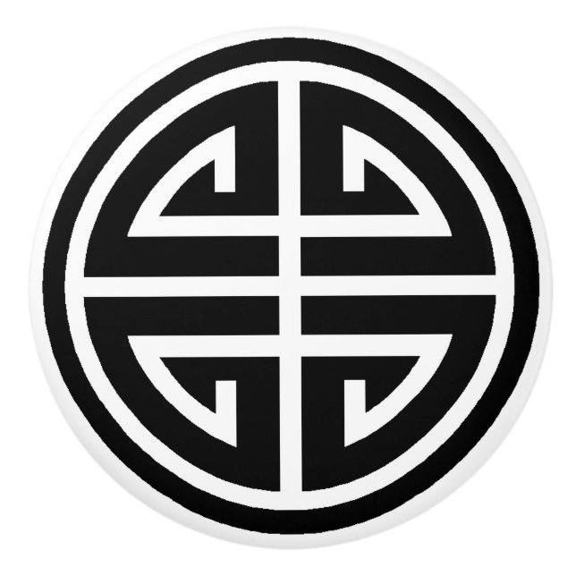 Round Ceramic Door Knob Black White Chinese Symbol (Front)