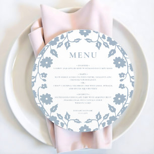 Round Charming Dusty Blue Folk Floral Wedding Menu