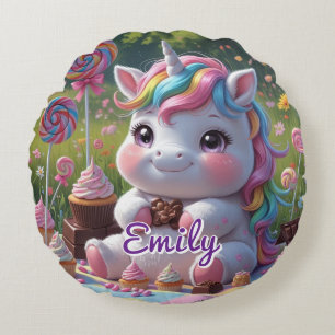 Round Chocolate Unicorn Pillow – Editable Name