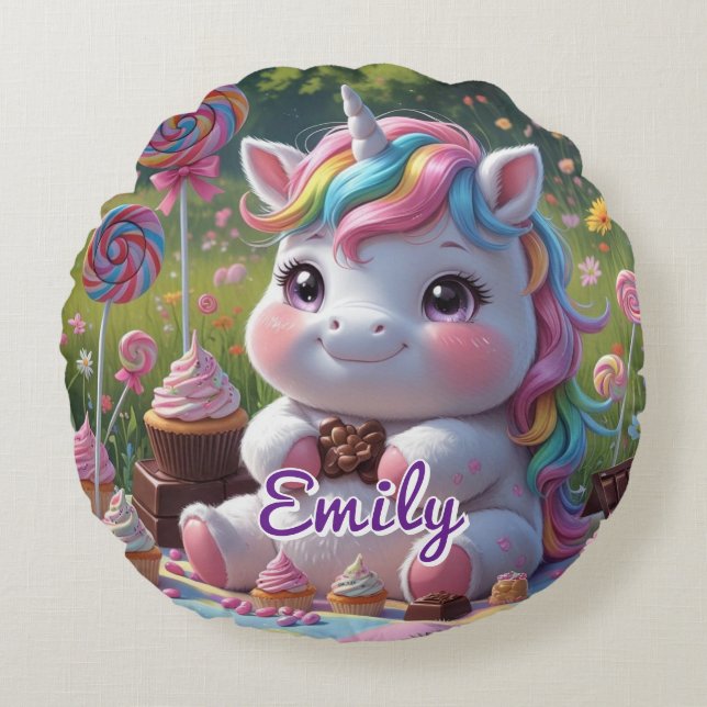 Round Chocolate Unicorn Pillow – Editable Name (Front)