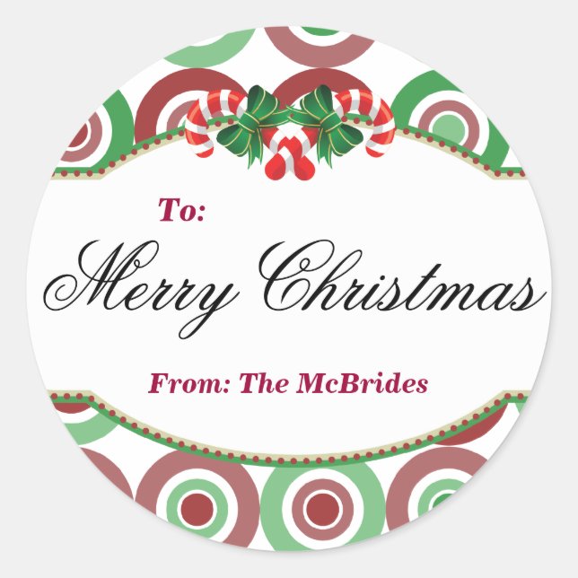 Round Christmas Candy Cane gift tag Sticker (Front)