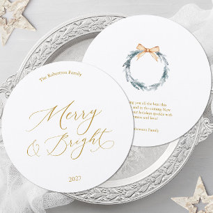 Round Christmas Card with Gold Script and Wreath