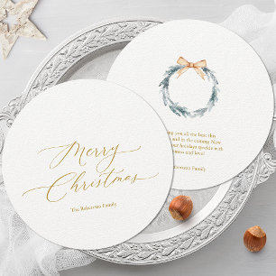 Round Christmas Card with Gold Script and Wreath
