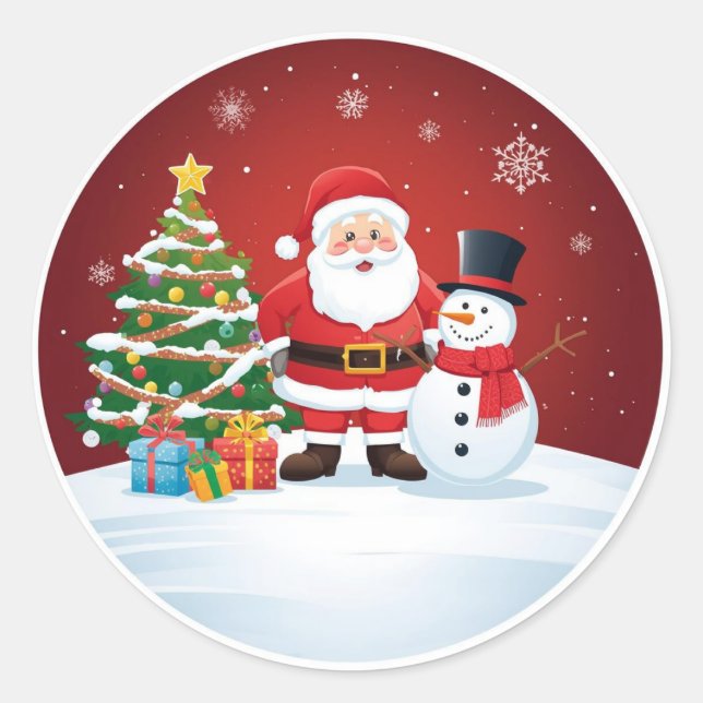 Round Christmas Sticker - Santa, Snowman & Tree  (Front)