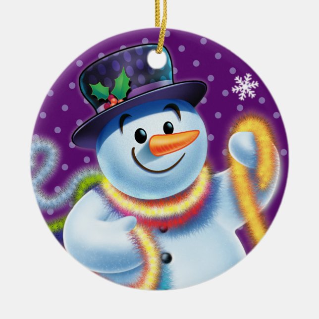 Round Christmas tree decoration Snowman & tinsel. (Front)