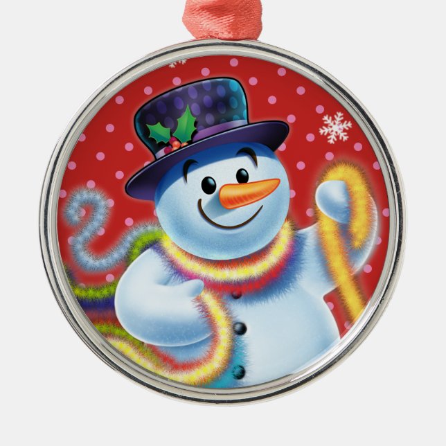 Round Christmas tree decoration Snowman & tinsel. (Front)