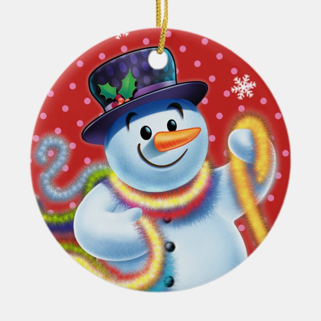 Round Christmas tree decoration Snowman & tinsel. (Front)