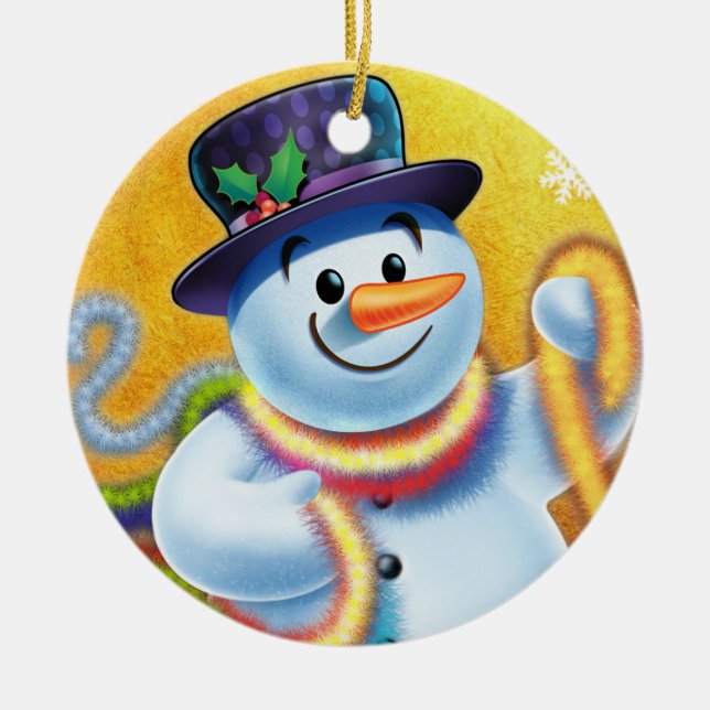 Round Christmas tree decoration Snowman & tinsel. (Front)