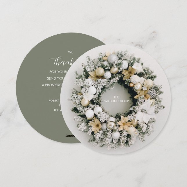 Round Christmas Wreath Business Thank You Holiday Card (Front/Back)