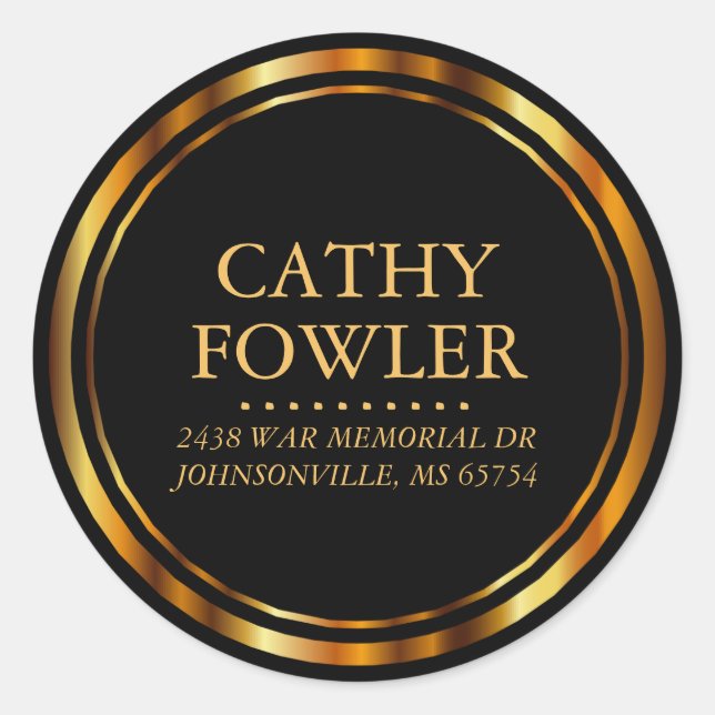 Round Circle Address - Black and Gold Classic Round Sticker (Front)