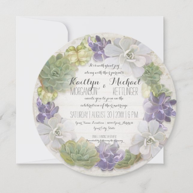 Round Circle Cactus Wreath Leaf Succulent Rustic Invitation (Front)