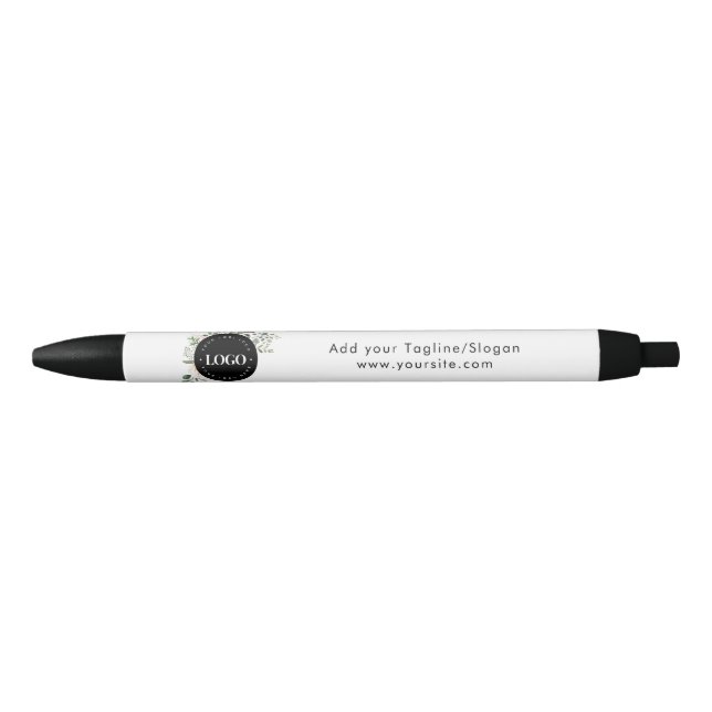 Round Circle Custom Company Logo Floral Greenery   Black Ink Pen (Front)