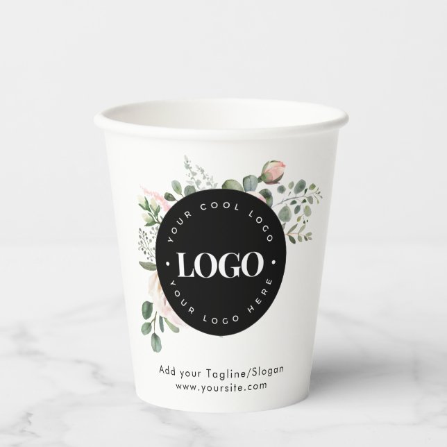 Round Circle Custom Company Logo Floral Greenery Paper Cups (Front)