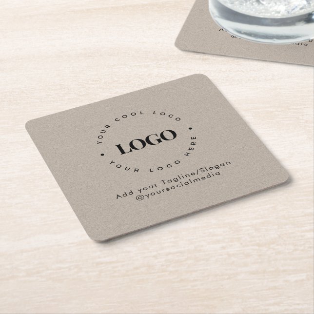 Round Circle Custom Company Logo Rustic Grey Kraft Square Paper Coaster (Angled)