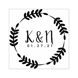 Round Circular Leaves Initial Logo Wedding Stamp