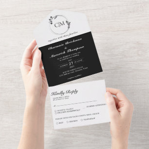 Round Classic Black And White Monogram Wedding All In One Invitation