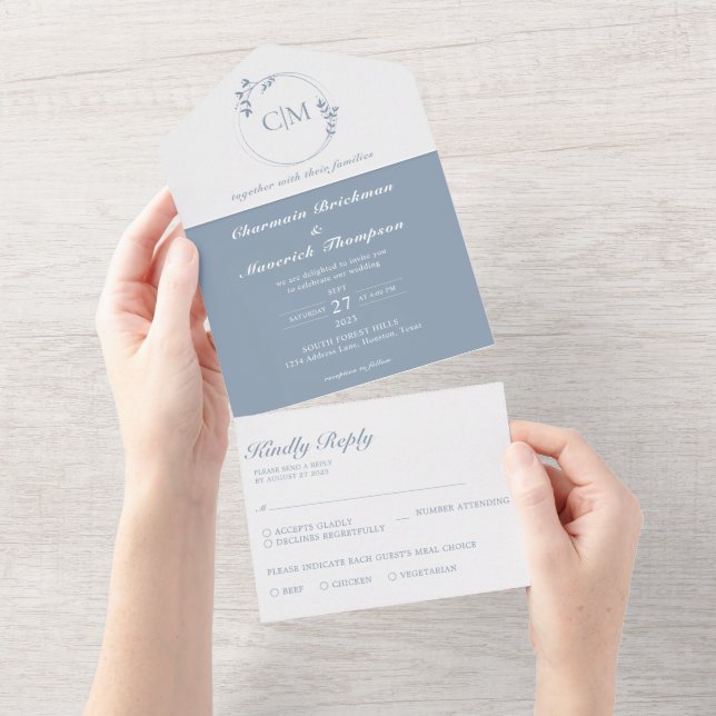 Round Classic Dusty Blue Monogram Wedding All In One Invitation (Tearaway)