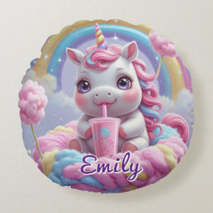 Round Cotton Candy Unicorn Pillow – Editable Name