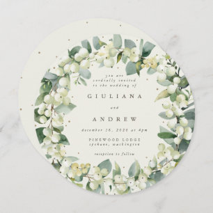 Round Cream Snowberry+Eucalyptus Wreath Wedding Invitation