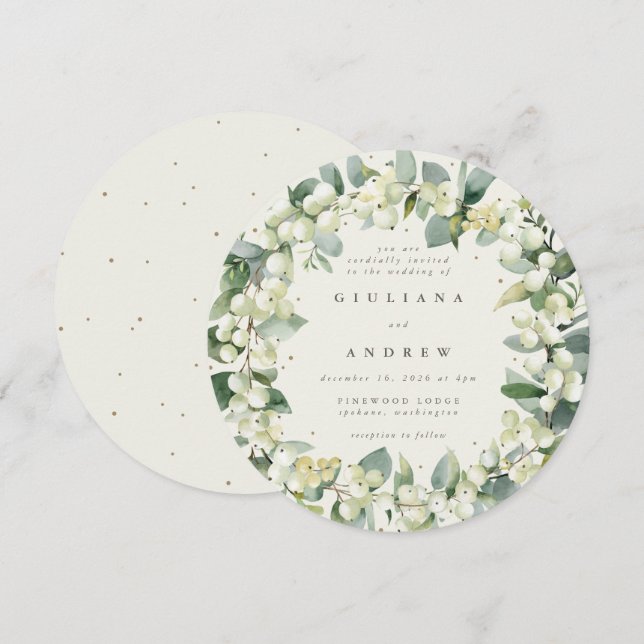 Round Cream Snowberry+Eucalyptus Wreath Wedding Invitation (Front/Back)