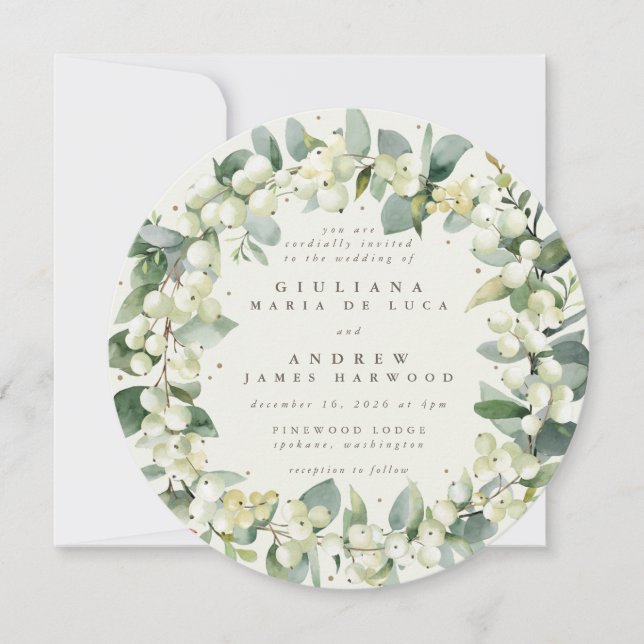 Round Cream Snowberry + Eucalyptus Wreath Wedding Invitation (Front)