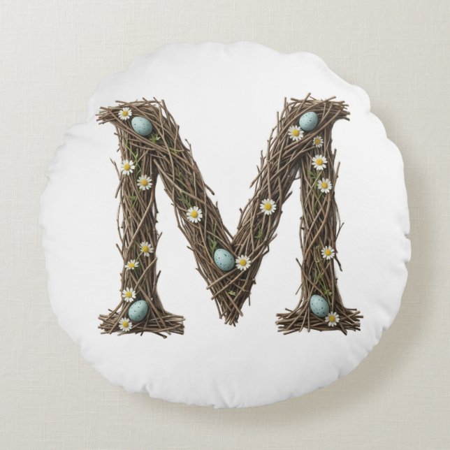 Round Cushion for Mum, Rustic Floral Letter M  (Front)