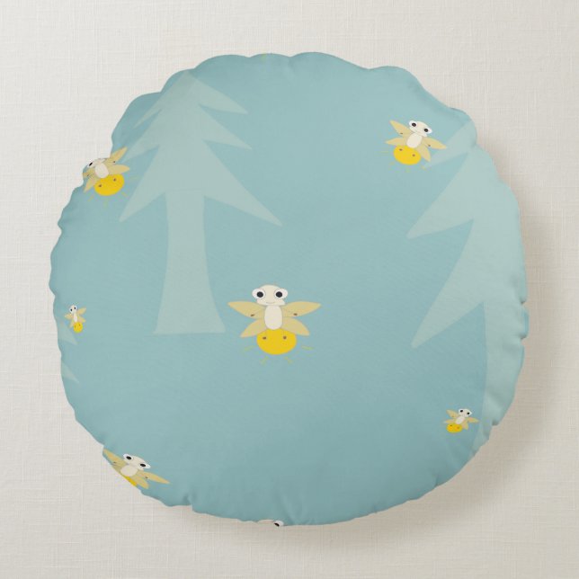 Round cushion with fireflies design. (Front)